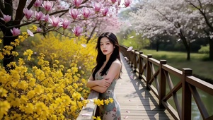 木栈桥上木棉花下的长发美女