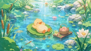 荷塘悠闲小黄鸭