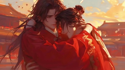 古风汉服红衣拥抱