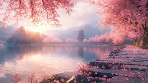 浪漫樱花古建公园湖泊