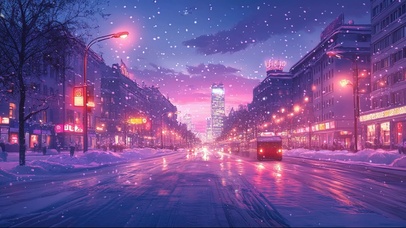 冬日紫色晚霞大雪街道