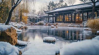 冬日苏式园林池塘美景