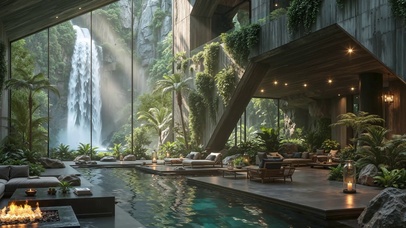 玻璃房眺望峡谷飞瀑