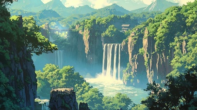 阳光高山古建瀑布