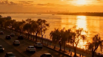 夕阳海景带鱼屏双屏