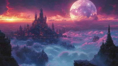 神秘云上圆月古堡黄昏