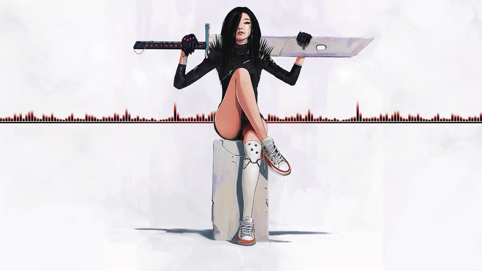 黑长发女性坐姿肩扛巨型长剑，背景带红色音频波形线条