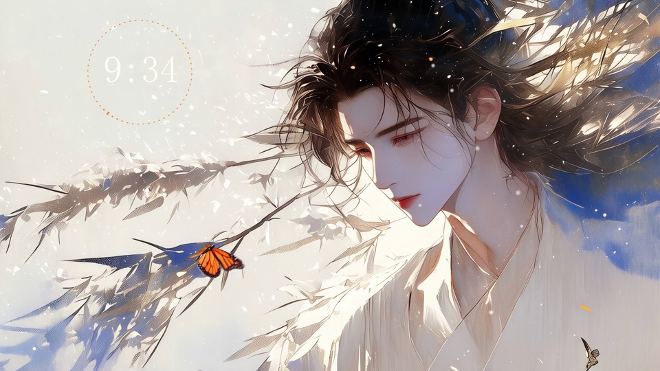 古风汉服男子侧颜，旁侧有橙黑蝴蝶与覆雪竹枝。
