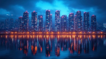 静谧城市湖畔夜景倒影