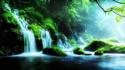 4K护眼绿林山涧瀑布