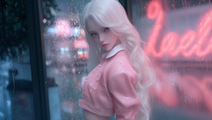 雨中窗户边粉色甜美女孩