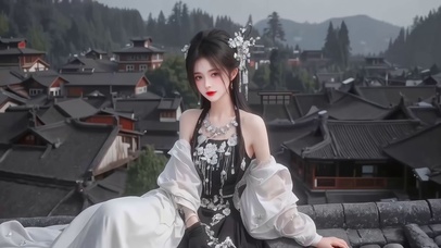 古城墙上性感气质长发国风女神