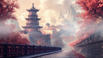 红叶缥缈云雾古城风景