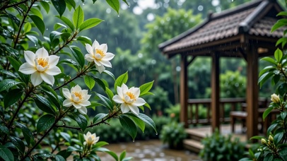 雨中凉亭与花朵