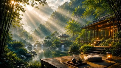 清晨斜阳山谷