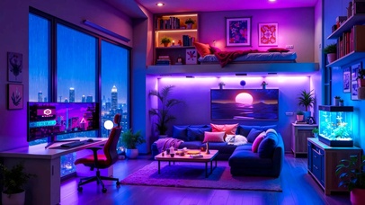 霓虹雨夜电脑房间