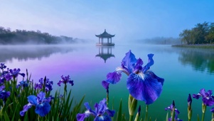 雾锁湖山鸢尾花古风亭美景