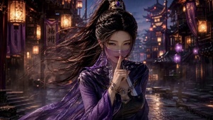 紫纱蒙面古风美女雨夜古街