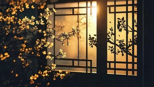 唯美黄昏园林窗户光影