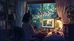 雨夜窗前带耳机的女孩壁纸