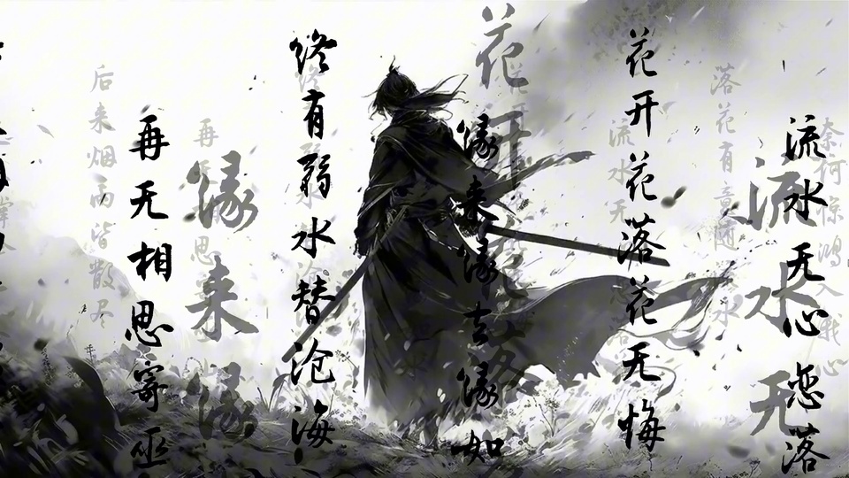 黑白水墨古风侠客人物持剑伫立，四周排布竖排毛笔书法文字。
