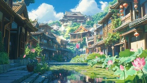 蓝天白云古镇荷花池塘