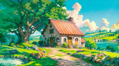 治愈插画河边小屋