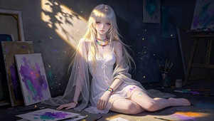 画室温柔银发美少女