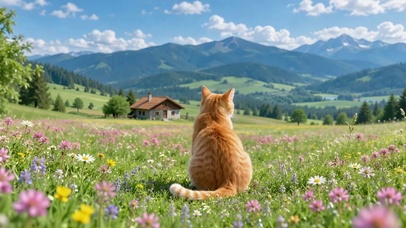 花田橘猫眺望远山风景