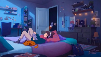 插画-躺在卧室学习的女孩