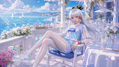 滨海度假银发美少女