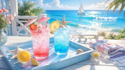 夏日海边清爽冰饮风光