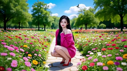 蹲在鲜花小道里比心的性感美女1