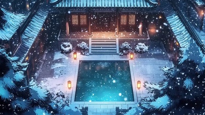 冬日蓝调飘雪古建池塘