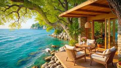 放松湖边绿树木屋