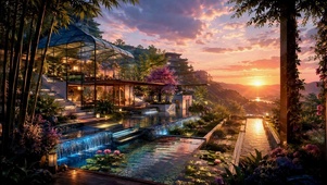 山居晚霞庭院