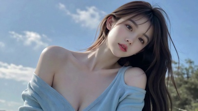蓝天白云下的清纯长发美女