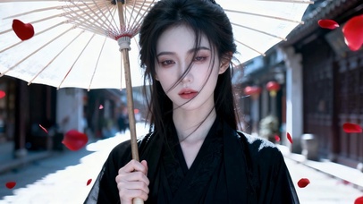 古风黑衣撑伞清冷美人