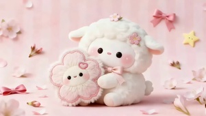 毛绒绒的小羊与樱花