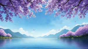 湖畔樱花飞鸟