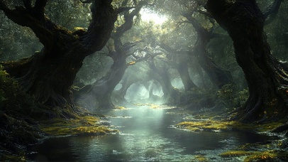 静谧阳光森林溪流