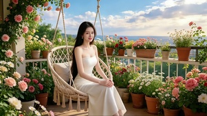 坐在吊篮椅上怡然自得的美女