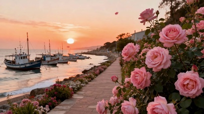 冬日夕阳海边落日月季玫瑰花唯美