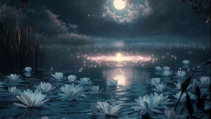 浪漫月夜湖泊白色荷花