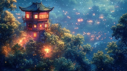 山林古风小镇静谧夜景