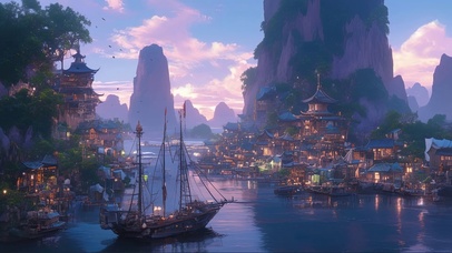 傍晚静谧海岛渔村