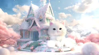 雪景树木小屋猫咪