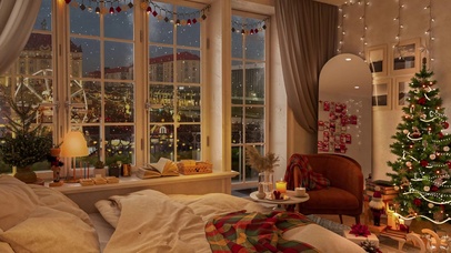 都市夜晚雪天温馨卧室