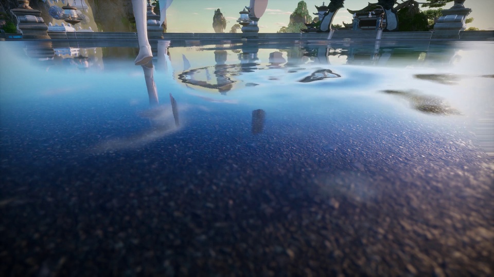 国风3D浅滩水景，水面泛起细碎涟漪，远处坐落古风建筑与青绿山峰。