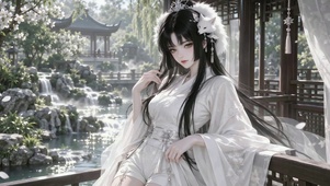 古风白狐少女园林凭栏
